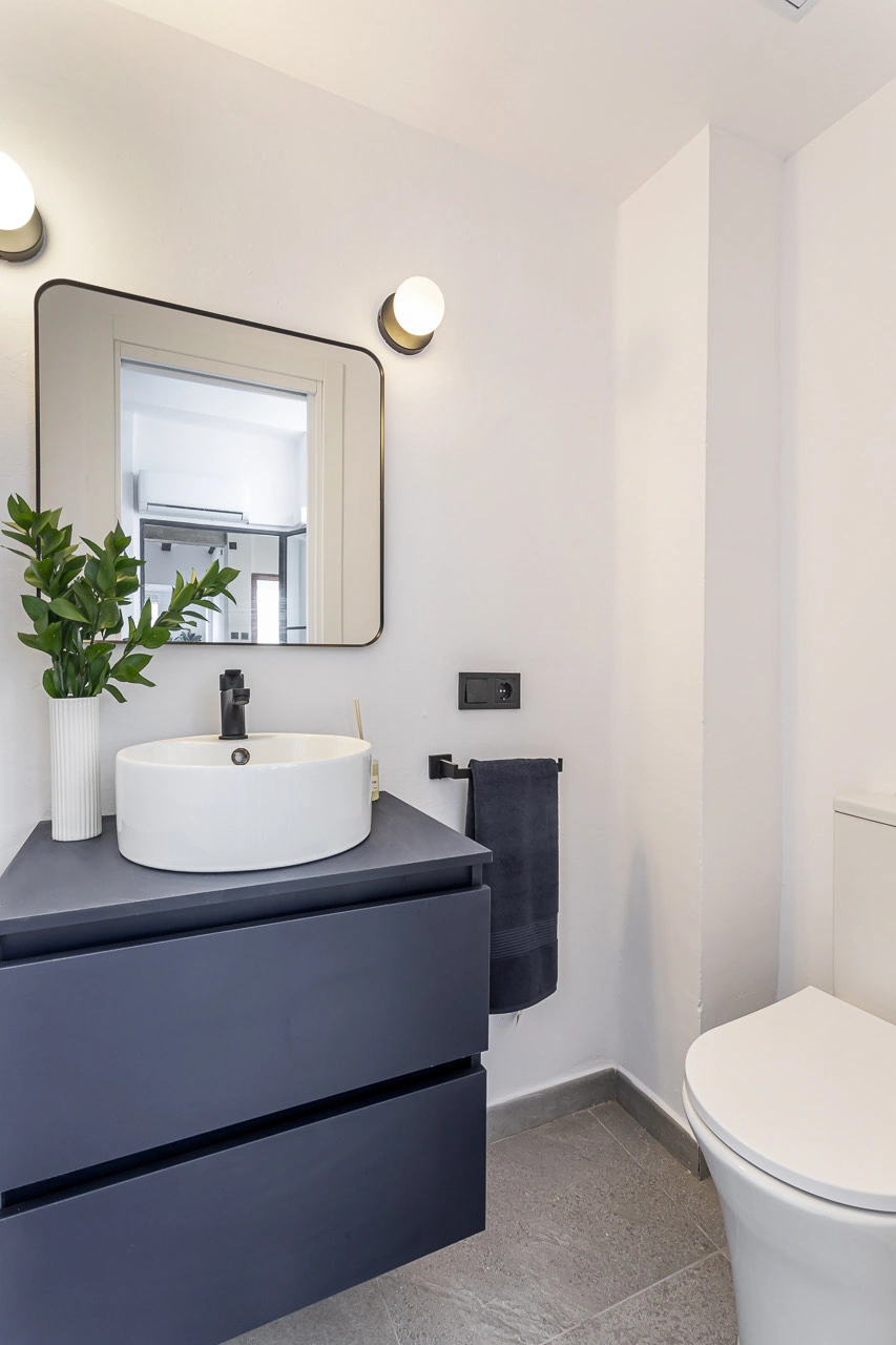 Baño reformado con mueble negro suspendido y vegetación